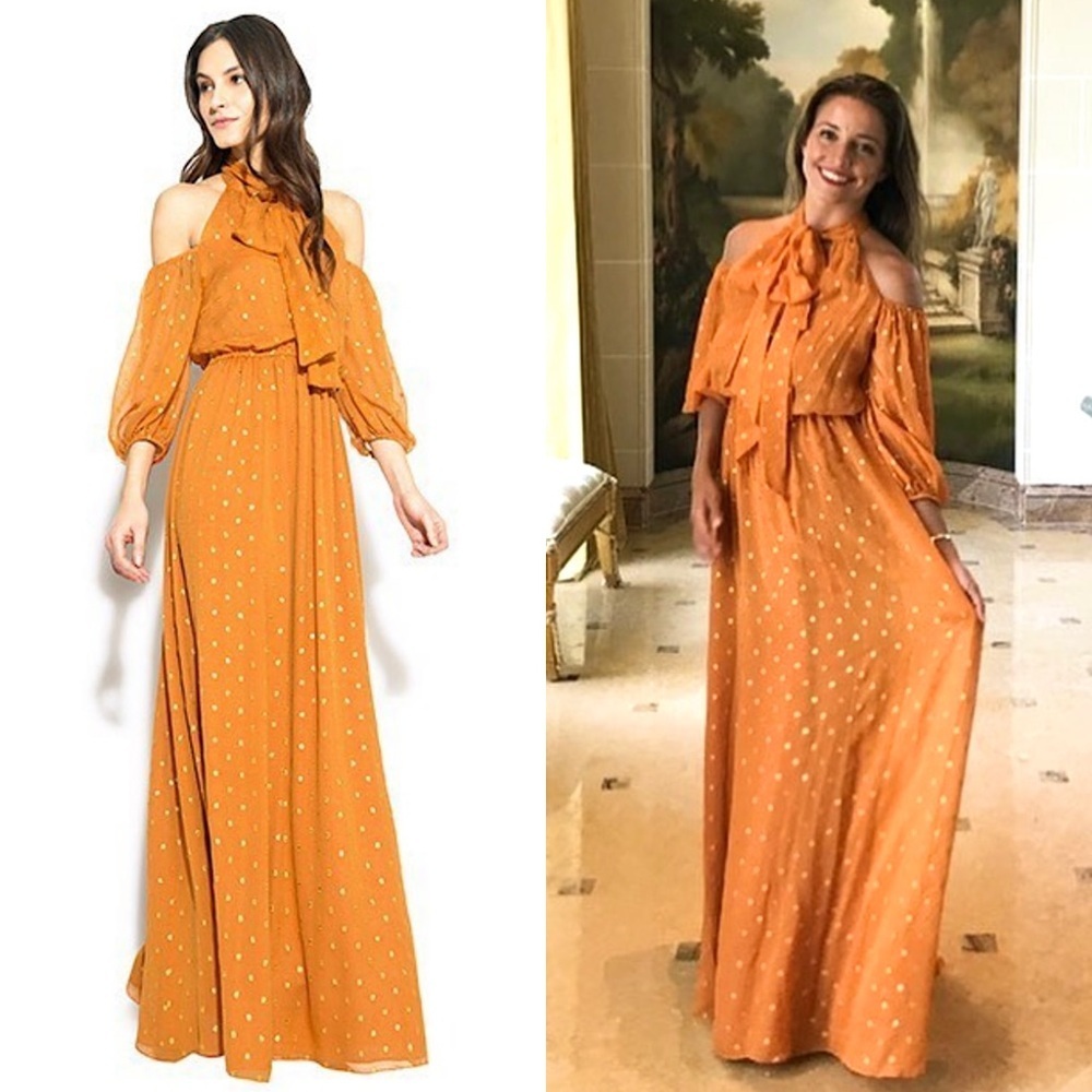 SHOSHANNA Silk Chiffon Metallic Dot Shoulder Cutout Puff Sleeve Tie Neck Dress 0